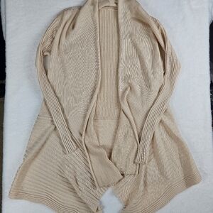 Cream Ribbed Wool Blend Open Front Cardigan Size Small Stretch Drape Mixed Pat